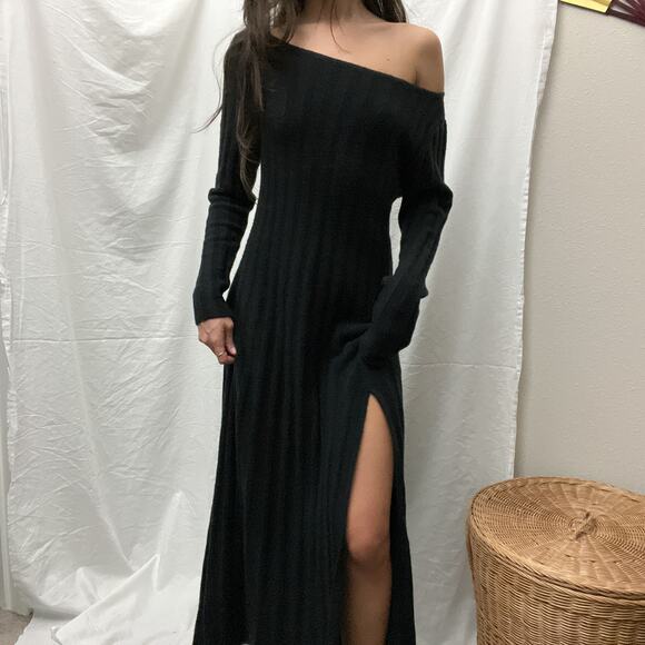 abercrombie & fitch black ribbed knit boatneck sweater maxi midi dress - Picture 2 of 7